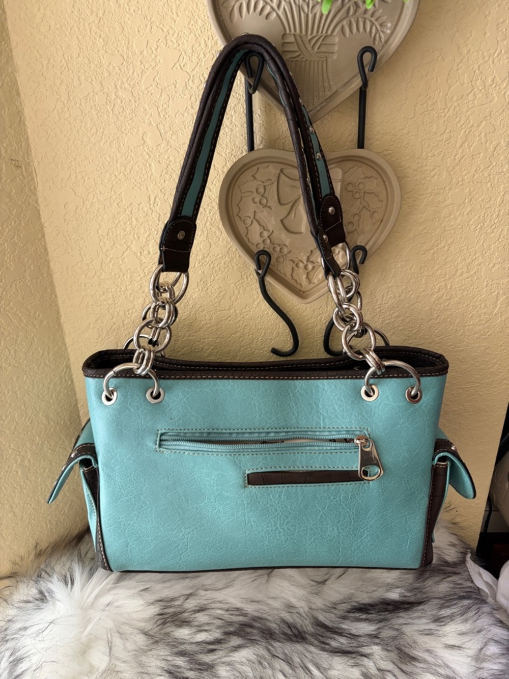 Heritage West Turquoise and Brown Embellished Winged Cross Tote - Picture 14 of 14